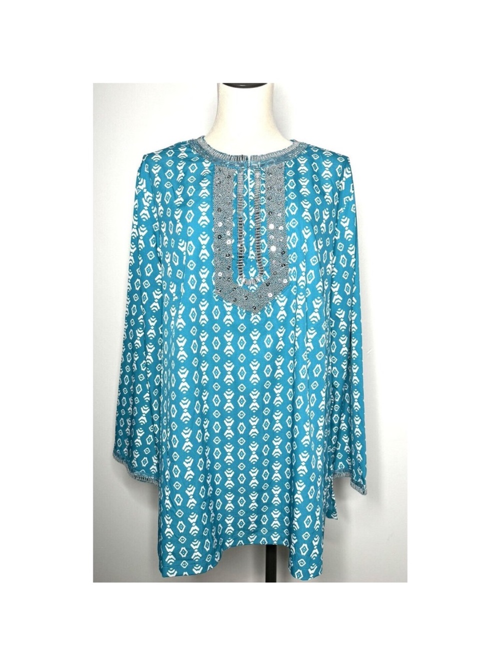 Romans Top Womens 22W Embellished Tunic Beaded Sequin Turquoise Teal Pullover